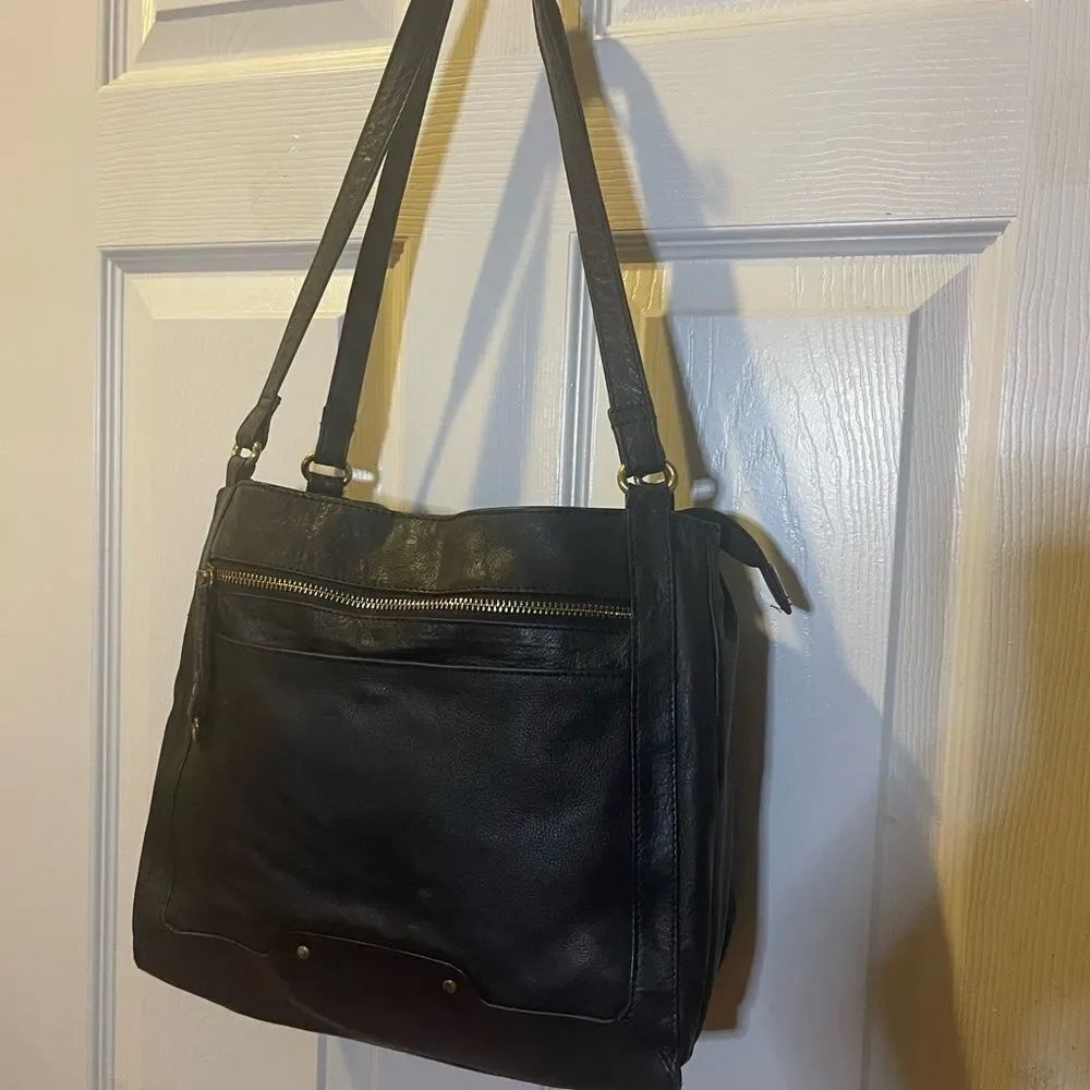Great American Leather Works Black Leather Shoulder Bag brass tone hardwares